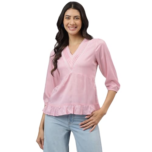 Latin Quarters Women Pink V-Neck Three-Quarter Sleeves Solid for Casual Wear_XXL