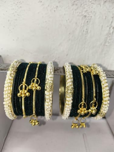 MM JEWELS Kashmiri Velvet Bangles with Gunghro Set And Bangle for Women| Traditional, Fancy Glass Chudi Set for Festival, Wedding, and Party (Set Of 32) (Dark Green, 2.2)