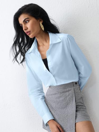 The Souled Store Classic Solids: Baby Blue Women and Girls Full Length Sleeves Collared Light Blue Solid Cotton Regular Fit Breathable Lightweight Everyday All-Season Button Down Shirt