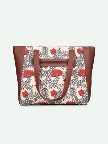 ZOUK Nawabi Couture Floral Printed Women Jute Vegan Leather Red & Beige Side Tote Bag For Ladies With Double Handle