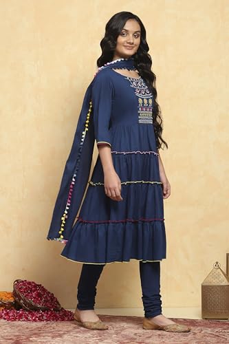 BIBA Girl's Navy Blue Cotton Tiered Solid Suit Set