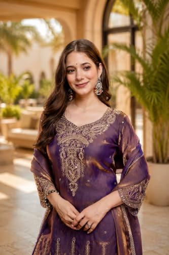 Women's Embroidered Silk Blend Kurta Set With Dupatta And Palazzo