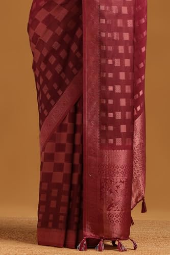 Soch Womens Wine Tussar Checked Saree With Zari Woven