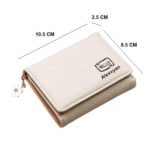 Alexvyan Hello Small Tri-Fold Women's Purse Wallet Card Organizer Female Hand Purse Clutch Women/Ladies/Girls Wallets 5 Card Holder 1 Long & 1 Small Pocket (Off White)