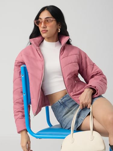 The Souled Store Two Hearts Women and Girls Full Sleeves Spread Collar Pink Chevron Quilted Polyester Regular Fit Lightweight Everyday Puffer Jacket