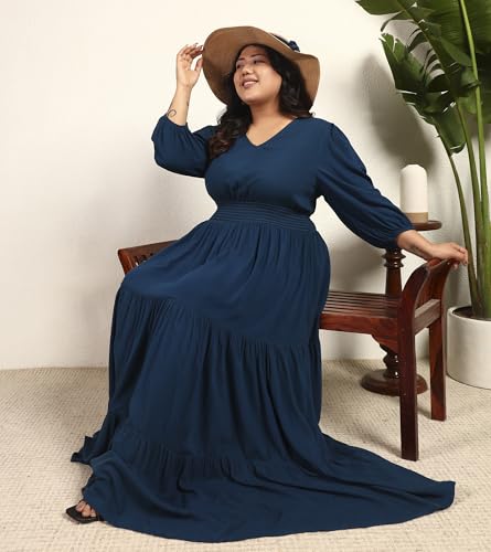 DEEBACO Women's Plus Size Solid Rayon Tiered Maxi Dress|3/4 Sleeve|V-Neck|Casual Trending Stylish Long One Piece Dresses Women Western(DBDRP00002316_4XL_Teal Blue)