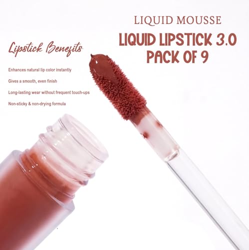 Love Earth Liquid Mousse Lipstick 3.O Matte Finish Combo Kit | Lightweight, Non-Sticky, Non-Drying,Transferproof, Waterproof Lipstick Set | Multicolor Mini Liquid Lipstick - (2Ml X 9) 18Ml