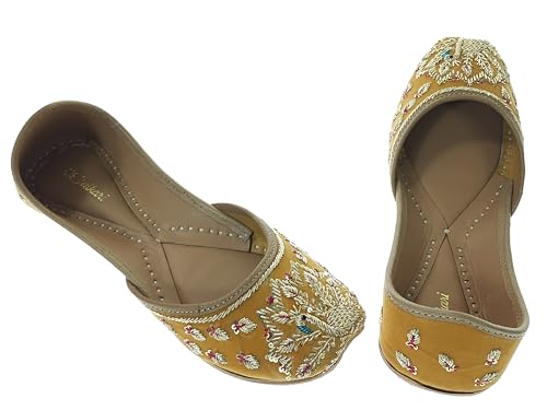 Fulkari Women's Mayur Velvet Skin Gold Toned Soft Leather Embroidered Jutis | Bite and Pinch Free Jutti | Punjabi Formal Juttis | Girl's Wedding Flat Ladies Mojari | Formal Ethnic Juti | 41