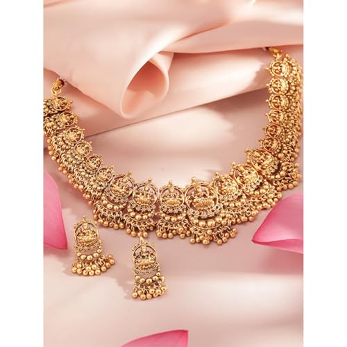 Rubans 24K Gold-Plated Handcrafted Antique Artificial Temple Jewelry Set-Lakshmi Motif And Matching Earrings For Women and Girls – Perfect for Weddings and Special Occasions