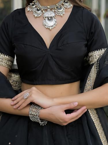 Divena Black Solid Organza Lehenga with Choli and Dupatta