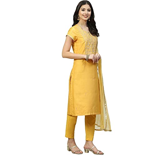 Biba Women Polycotton Printed Narrow Salwar Kurta Dupatta(Skdassorted8331_Mustard_36)