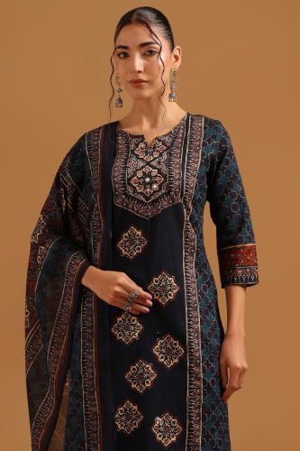 Soch Womens Blue Cotton Printed Ethnic Motifs Digital Print Salwar Suit
