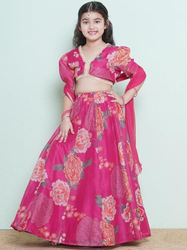 Bitiya by Bhama Girls Pink & Green Multi Printededed Ready to wear Lehenga & Choli with Dupatta