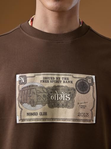 The Souled Store Nomad: Retro Rupee Men and Boys Short Sleeves Round Neck Dark Brown Printed Graphic Casual Drop Shoulder Streetwear Trendy Super Oversized T-Shirt