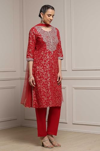 Biba Women Green-Maroon Cotton Straight Printed Suit Set_36