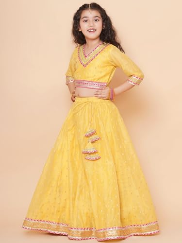 Bitiya by Bhama Girls Yellow Jacquard booti Lehenga Choli Ready to Wear with Pink Dupatta