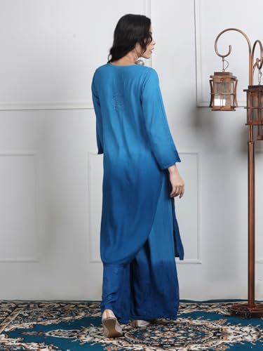 Fashion Chikan Art Women's Lucknowi Chikankari Hand-Embroidered Rayon Dyed Kurta, Palazzo & Dupatta 3-Piece Set | Festive, Ethnic & Causal Suit(2XL, Blue)