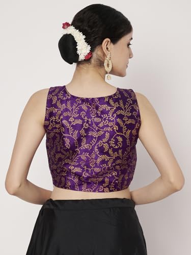 studio rasa Women's Dupion Hand Block Printed Readymade Blouse for Festive Wedding Party (TPWC725BL85XL_Purple-2_X-Large)