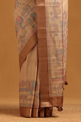 Soch Womens Beige Tussar Ethnic Motifs Saree