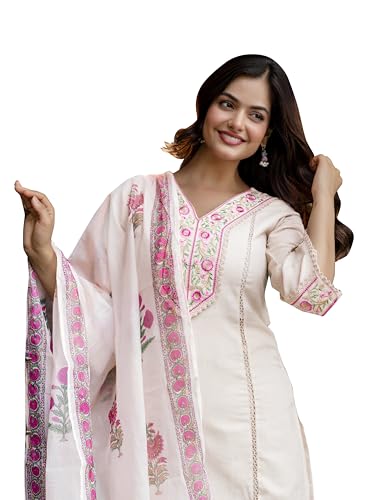 TRENDMALLS Women's Cotton Embroidery Kurta Pant with Dupatta Salwar Suit Set (G287-Offwhite-3XL-)
