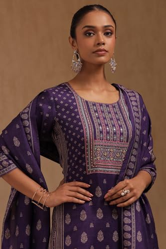 Soch Womens Purple Viscose Blend Ethnic Motifs Suit Set With Mirror And Cutdana