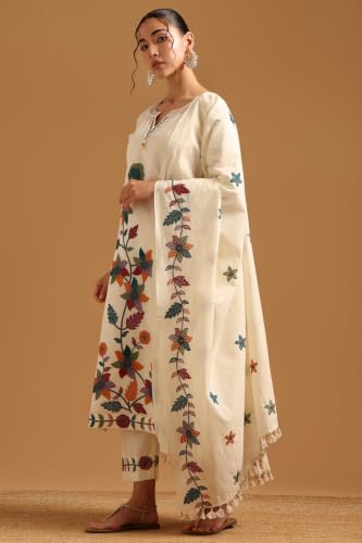 Soch Womens Off White Cotton Botanical Salwar Suit With Thread Work