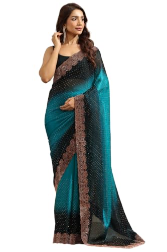 Soch Womens Blue Fendy Organza Ombre Stone Embellished Saree