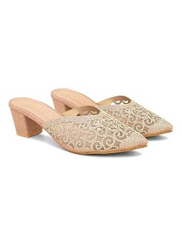 XE Looks Women's Gold Embellished & Stylish Block Heel Mules | Pointed Toe Slip-On with Intricate Rhinestone Design |Fancy & Charm Block Heels For Girls & Women