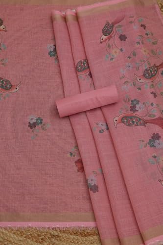 Soch Womens Blush Pink Linen Shimmer Bird Motif Unstitched Dress Material With Thread Work