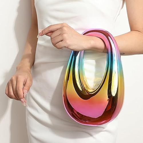 HAYSCH Metallic Acrylic Evening Handbag for Women | Crossbody Sling Bags with Detachable Chain Strap Glossy Stylish Latest Ladies Girls Small Size Cute Party Wedding Bag (Rainbow Oval Sling)