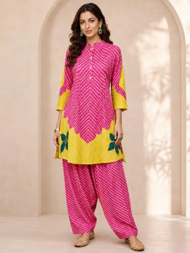 Varanga Women Hot Pink A Line Kurta Salwar Set Mandarin Collar
