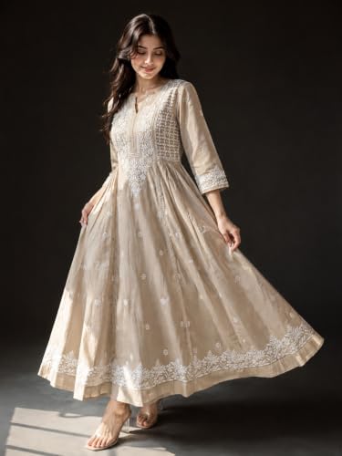 Chikankari Gown Beige Floral Embroidered Anarkali Size M