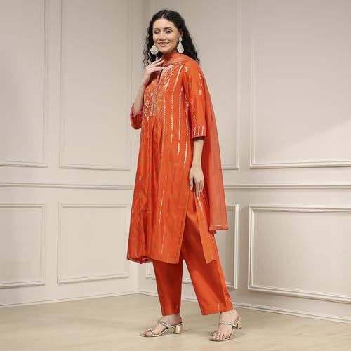 Biba Women's Orange Silk Straight Yarndyed Suit Set