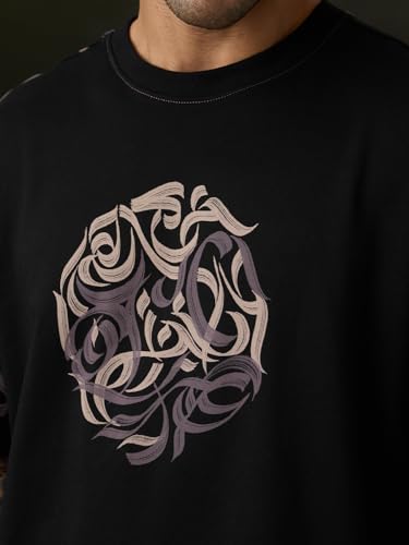 The Souled Store Zen Canvas Men and Boys Short Sleeves Round Neck Black Graphic Printed Calligraphy Graphic Casual Drop Shoulder Streetwear Trendy Cotton Oversized T-Shirts