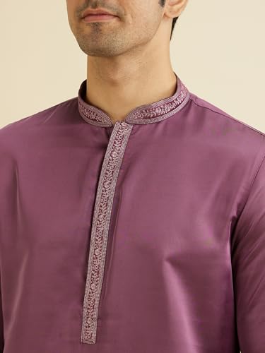 Manyavar Men's Satin Self Design Kurta Set (Purple,XXL)