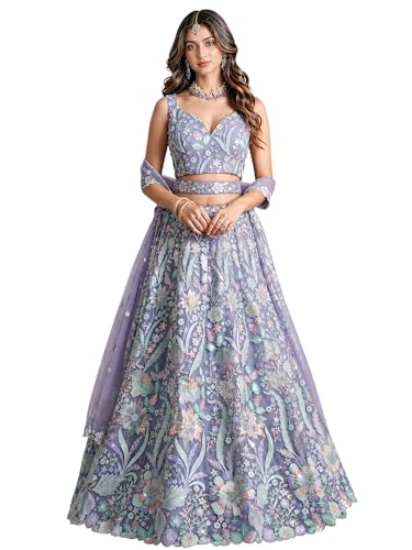 Zeel Clothing Women's Sequins Embroidered Work Soft Net Lehenga Choli With Dupatta (6020-Purple-Women-Lehenga-Choli-New; Free size)
