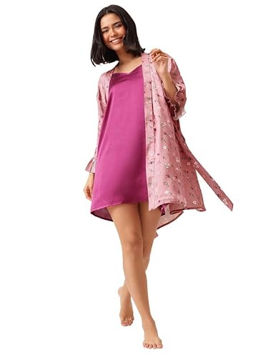Clovia Women's Satin Pretty Floral Short Robe and Babydoll Set (NS6523R14_Pink_L)