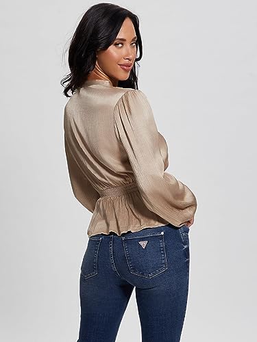 GUESS Women Beige Embroidered V-Neck Full Sleeves Joie Satin Top