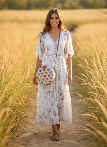 MAIRO LIFESTYLE Rattan Cane Straw Wicker Handmade Boho Summer Beach Round Sling Bag (Love Heart)