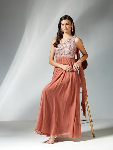 Miss Chase Women's V-Neck Sleeveless Floral Cut-Out Georgette Maxi Dress (MCSS24D06-70-288-03, Dark Peach, S)