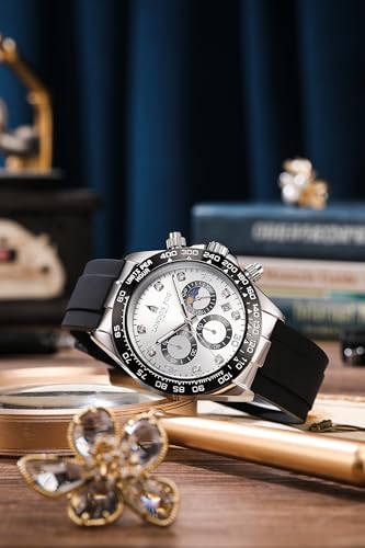 London Fog Bond Collection Analog Quartz Watch for Men with Silver Dial and Black Silicone Strap, Metal Case with Tachymeter Bezel, Chronograph Function, Date Display, LFM10003-02