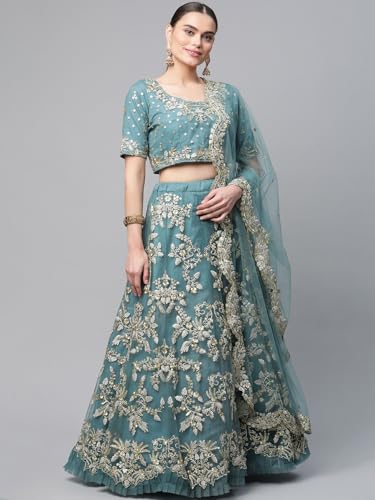 AG Clothing Women's Net Semi Stitched Lehenga Choli With Dupatta | Thread And Sequin Embroidery Pattern | Traditional, Wedding, Ethnic Wear Lehenga (AD-CINDERELLAm-VOL11m-8408-Turquoise)
