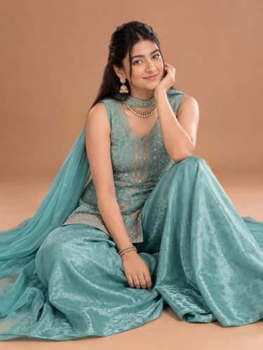 Varanga Women Sea Blue A Line Kurta Palazzos Set V Neck Sleeveless Chinon