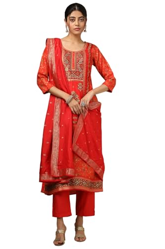Soch Women Orange Brocade Ethnic Motifs Suit Set with Faux Mirror And Sequins