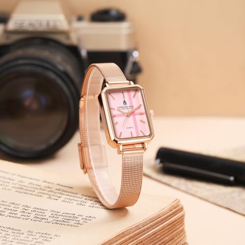 London Fog Victoria Collection Analog Quartz Watch for Women with Pink Textured Dial and Rose Gold Mesh Strap, Rectangular Metal Case and Mineral Glass - LFW20006-44