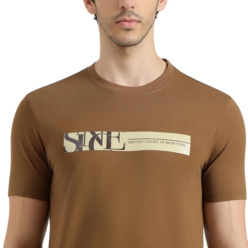 United Colors of Benetton Regular Fit Round Neck Printed T-Shirt (Size : KL) - 26P3ZSTJ3515IMC2 Brown