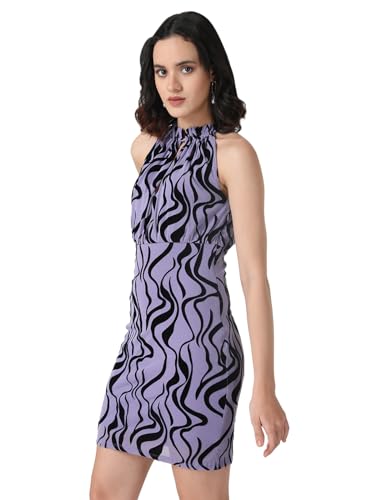 Kazo Animal Print Mesh Halter Neck Women's Mini Dress (Lavender, Large)