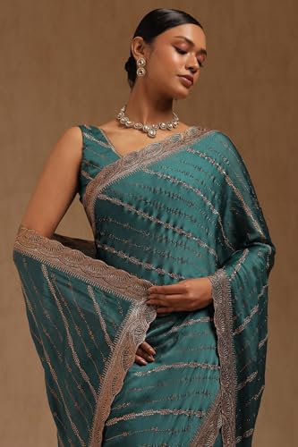 Soch Womens Turquoise Blue Fendy Chiffon Embellished Saree With Stone Work