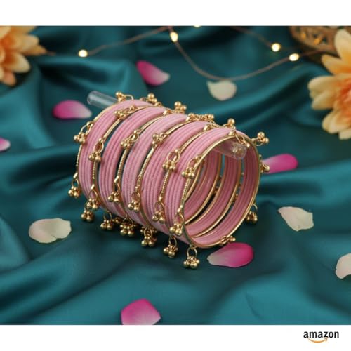 KAYASHA Woman's BABY PINK Designer Silk Thread Bangles Set with Ghungroo|Traditional Ethnic Bangles Set for Women|Wedding, Festival & Party bangles|Set of 16 (12 Thread Bangles + 4 Ghungroo Bangles)