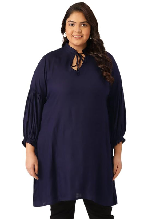 theRebelinme Plus Size Women's Navy Blue Solid Color Tie-Up Neck Tunic